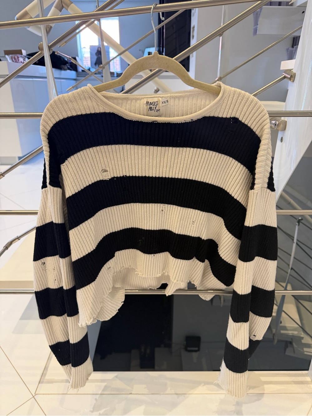 Princess Polly Striped Black and White Distressed Knit Sweater - Picture 2 of 4